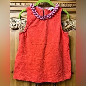 Boden Sleeveless Top in Coral Orange/Red with Lilac Pom Pom Collar Size 4